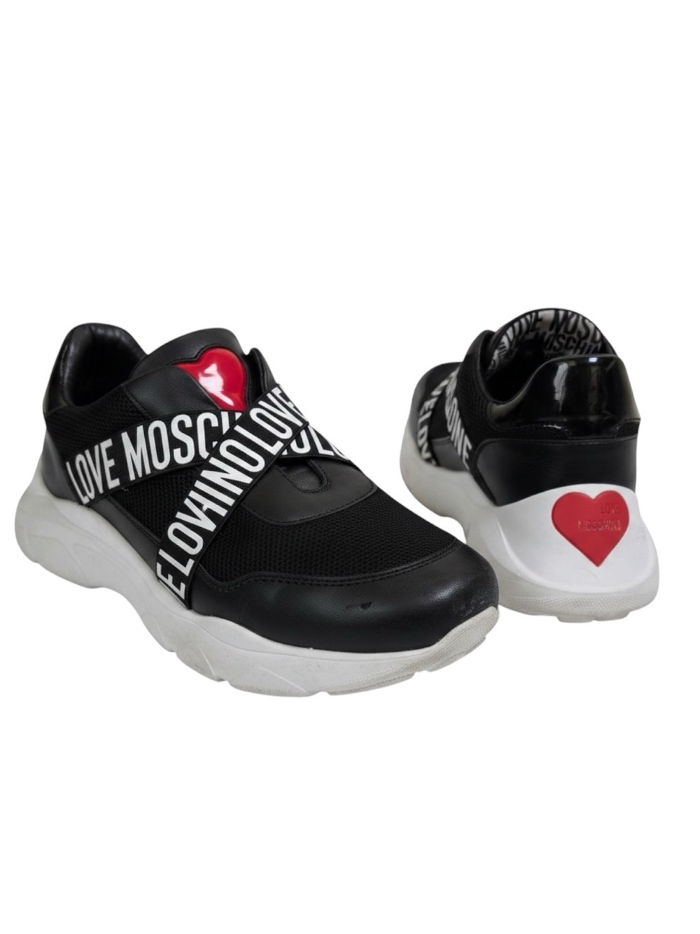 Love Moschino Leather Sneakers 8 SlipOn Chucky Heart Logo Mesh Black White Red